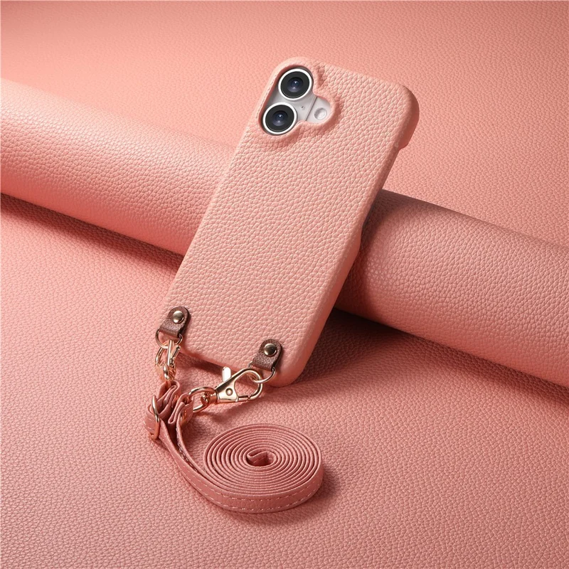 For iPhone 16 Litchi Pattern Case with Lanyard Shockproof PC PU Leather Cover -  Pink
