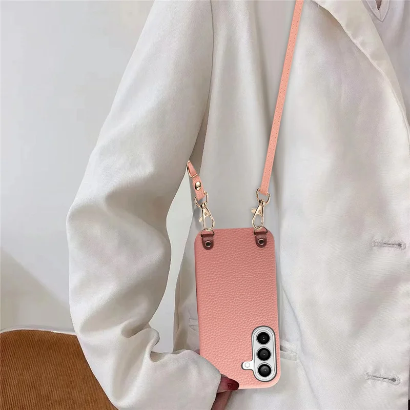 For Samsung Galaxy S26 Litchi Pattern Case with Lanyard Shockproof PC PU Leather Cover - Pink
