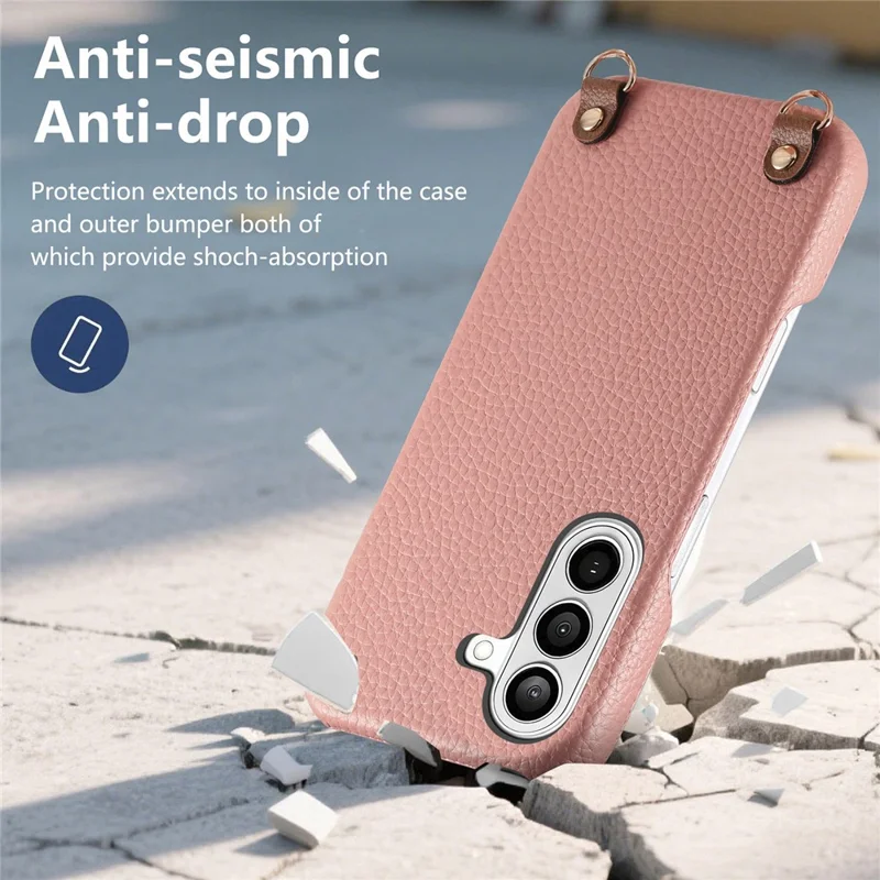 For Samsung Galaxy S26 Litchi Pattern Case with Lanyard Shockproof PC PU Leather Cover - Pink