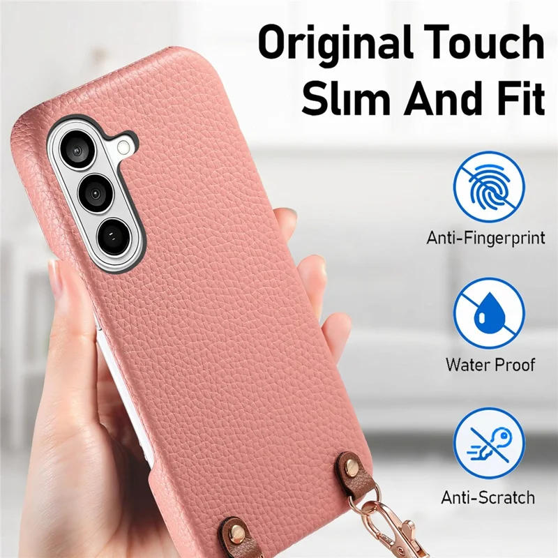 For Samsung Galaxy S26 Litchi Pattern Case with Lanyard Shockproof PC PU Leather Cover - Pink