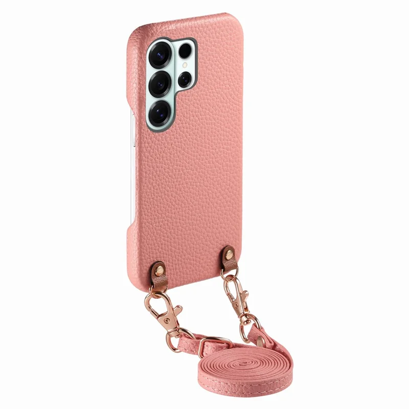For Samsung Galaxy S26 Ultra Litchi Pattern Case with Lanyard Shockproof PC PU Leather Cover -  Pink