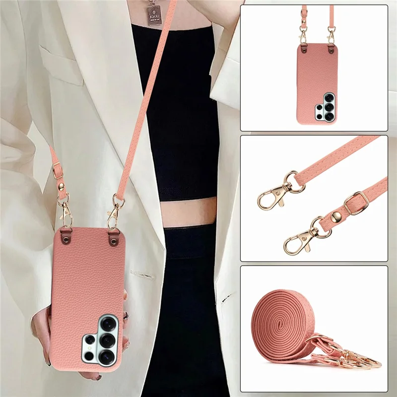 For Samsung Galaxy S26 Ultra Litchi Pattern Case with Lanyard Shockproof PC PU Leather Cover -  Pink