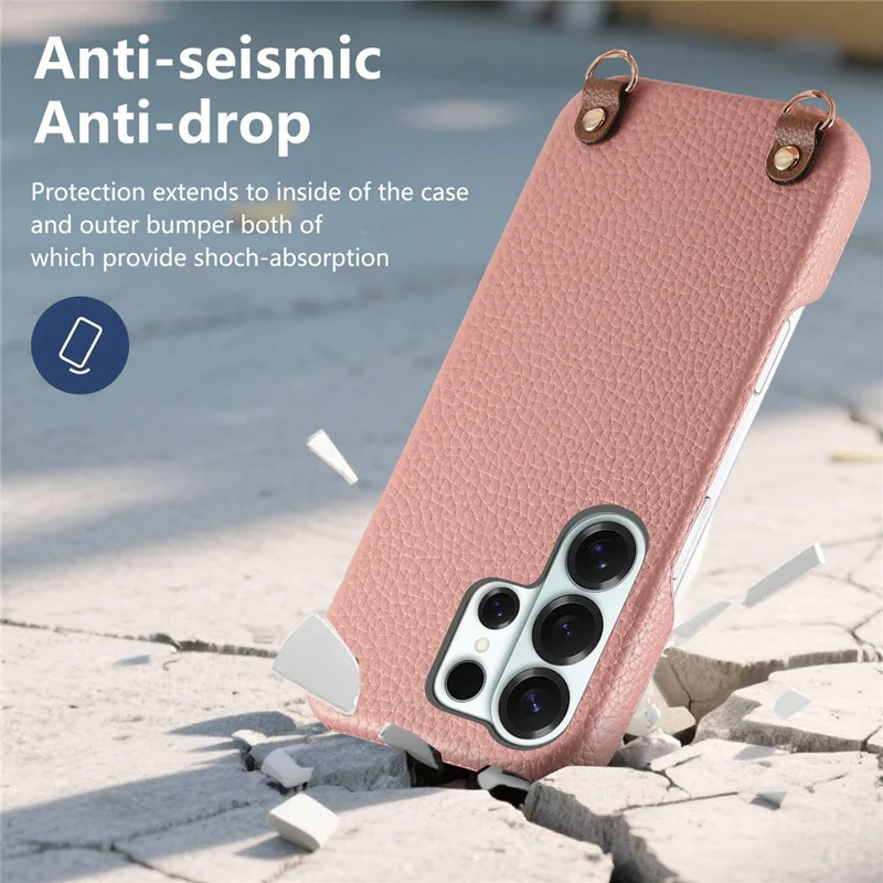 For Samsung Galaxy S26 Ultra Litchi Pattern Case with Lanyard Shockproof PC PU Leather Cover -  Pink