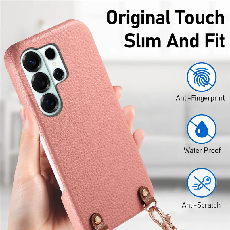 For Samsung Galaxy S26 Ultra Litchi Pattern Case with Lanyard Shockproof PC PU Leather Cover -  Pink