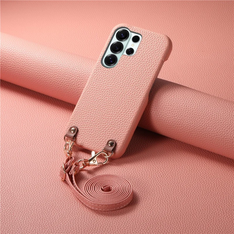 For Samsung Galaxy S26 Ultra Litchi Pattern Case with Lanyard Shockproof PC PU Leather Cover -  Pink