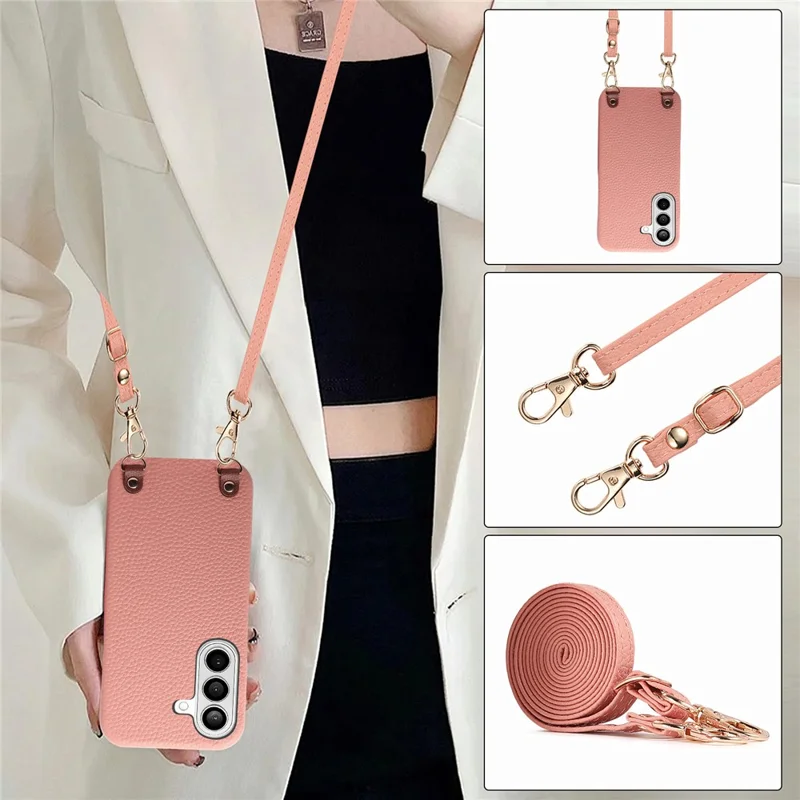 For Samsung Galaxy A57 5G Litchi Pattern Case with Lanyard Shockproof PC PU Leather Cover - Pink