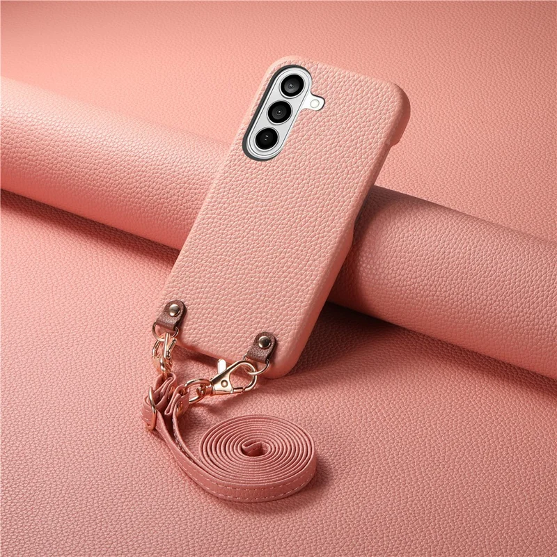 For Samsung Galaxy A57 5G Litchi Pattern Case with Lanyard Shockproof PC PU Leather Cover - Pink