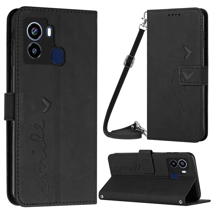 For TECNO Pop 6 4G PU Leather Wallet Phone Cover Imprinted Heart Shape Stand Skin-Touch Feeling Case with Shoulder Strap - Black