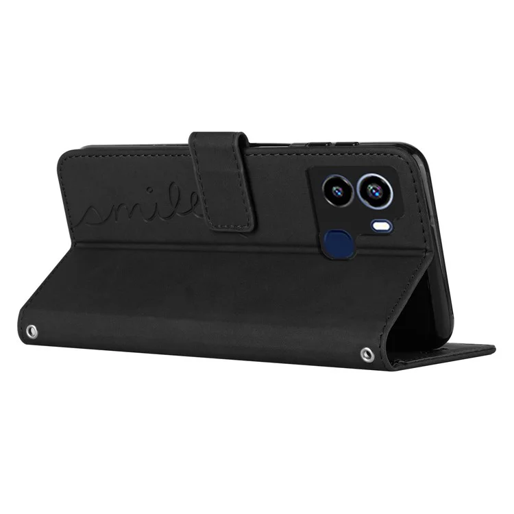 For TECNO Pop 6 4G PU Leather Wallet Phone Cover Imprinted Heart Shape Stand Skin-Touch Feeling Case with Shoulder Strap - Black