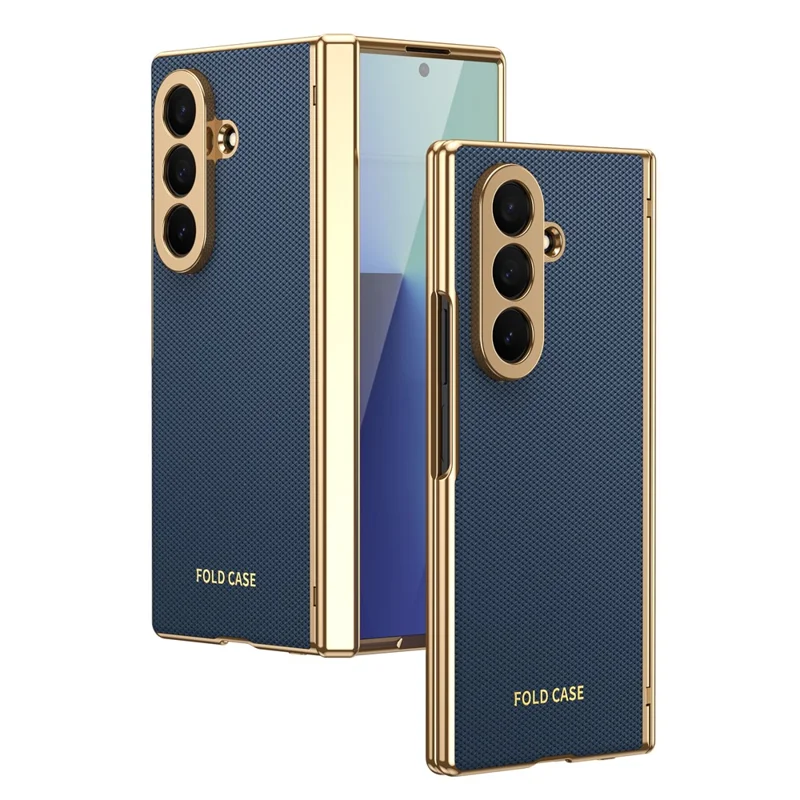 For Samsung Galaxy Z Fold7 5G Case PU Leather Coated PC Phone Cover with Tempered Glass Screen Protector - Blue