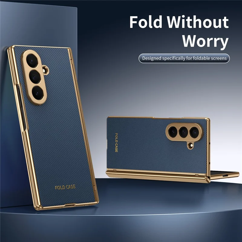 For Samsung Galaxy Z Fold7 5G Case PU Leather Coated PC Phone Cover with Tempered Glass Screen Protector - Blue