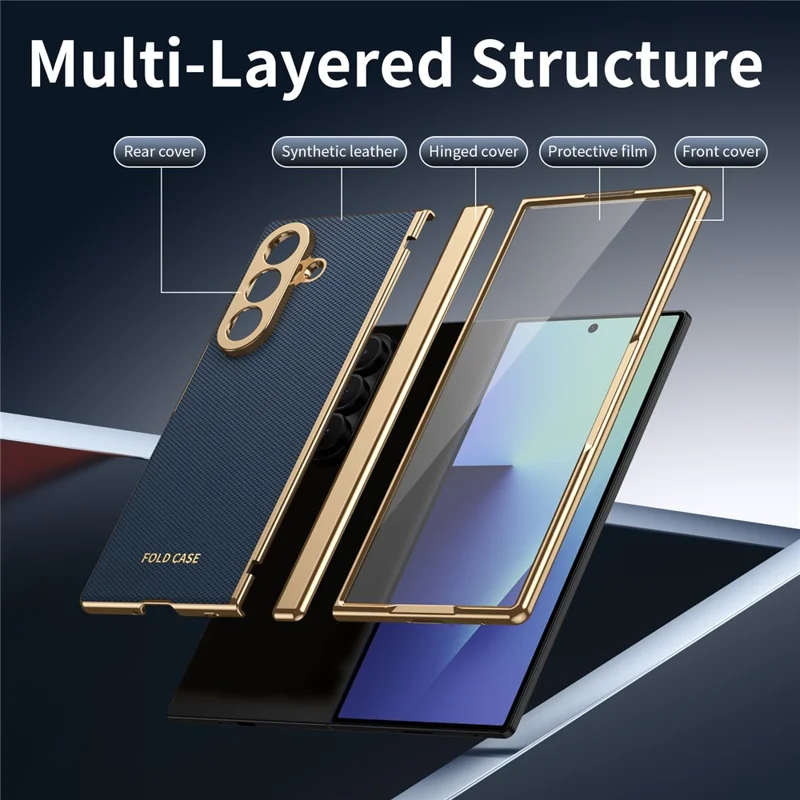 For Samsung Galaxy Z Fold7 5G Case PU Leather Coated PC Phone Cover with Tempered Glass Screen Protector - Blue