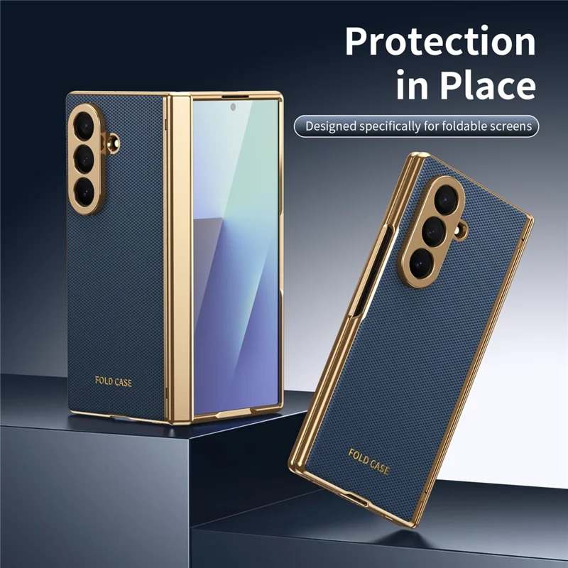 For Samsung Galaxy Z Fold7 5G Case PU Leather Coated PC Phone Cover with Tempered Glass Screen Protector - Blue