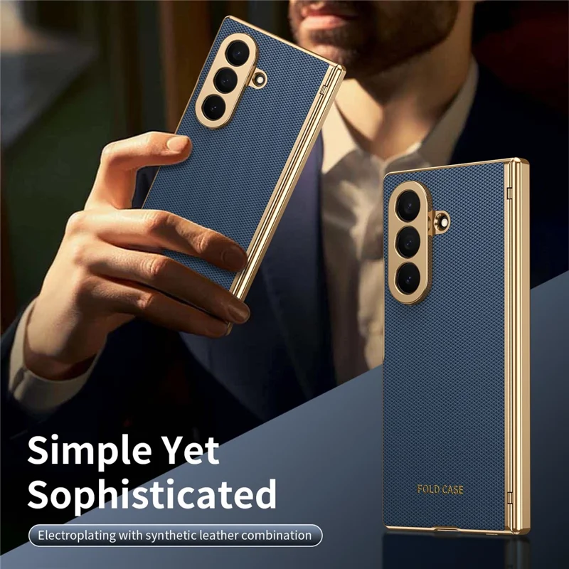 For Samsung Galaxy Z Fold7 5G Case PU Leather Coated PC Phone Cover with Tempered Glass Screen Protector - Blue