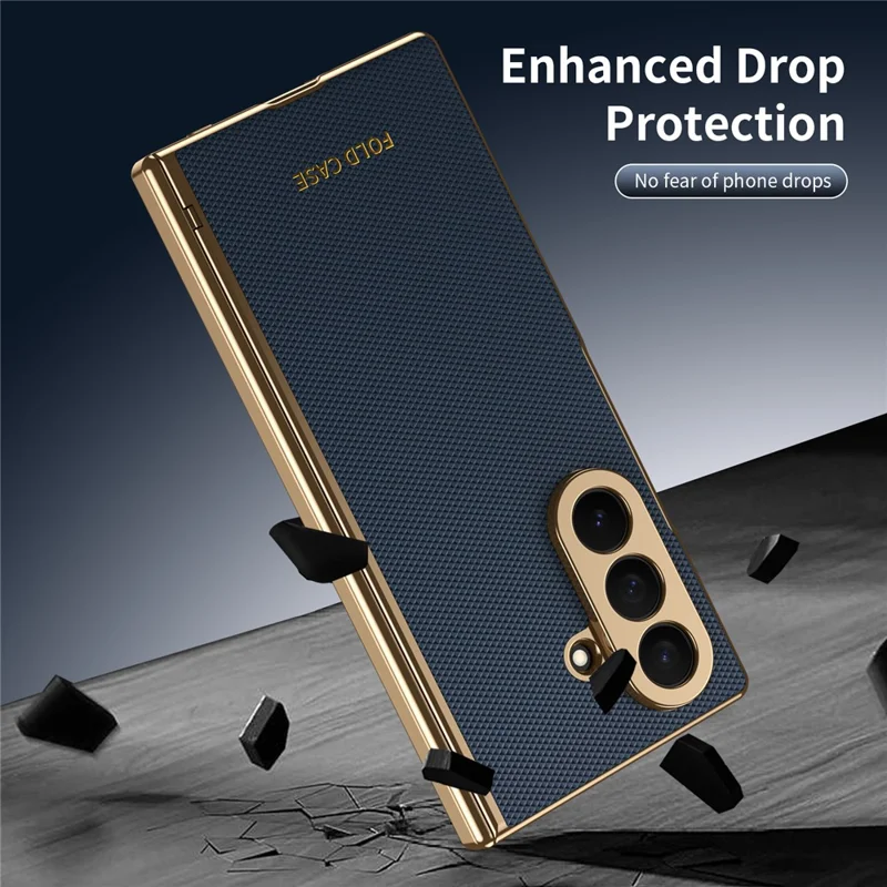 For Samsung Galaxy Z Fold7 5G Case PU Leather Coated PC Phone Cover with Tempered Glass Screen Protector - Blue