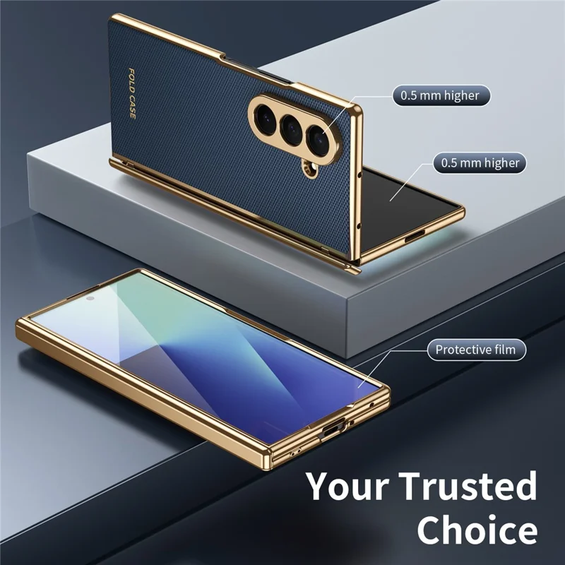 For Samsung Galaxy Z Fold7 5G Case PU Leather Coated PC Phone Cover with Tempered Glass Screen Protector - Blue