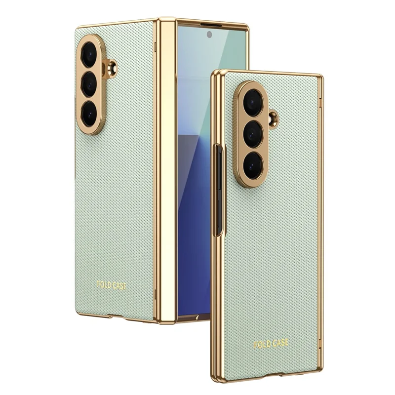 For Samsung Galaxy Z Fold7 5G Case PU Leather Coated PC Phone Cover with Tempered Glass Screen Protector - Cyan