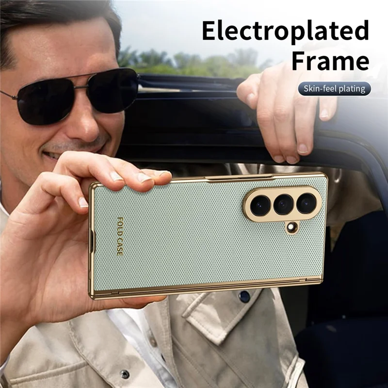 For Samsung Galaxy Z Fold7 5G Case PU Leather Coated PC Phone Cover with Tempered Glass Screen Protector - Cyan