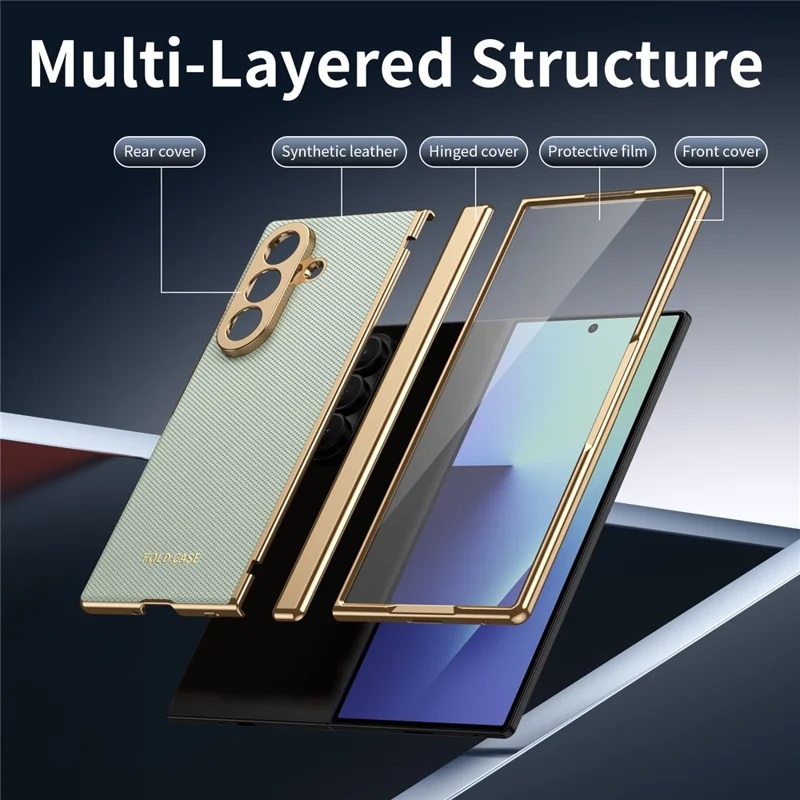 For Samsung Galaxy Z Fold7 5G Case PU Leather Coated PC Phone Cover with Tempered Glass Screen Protector - Cyan