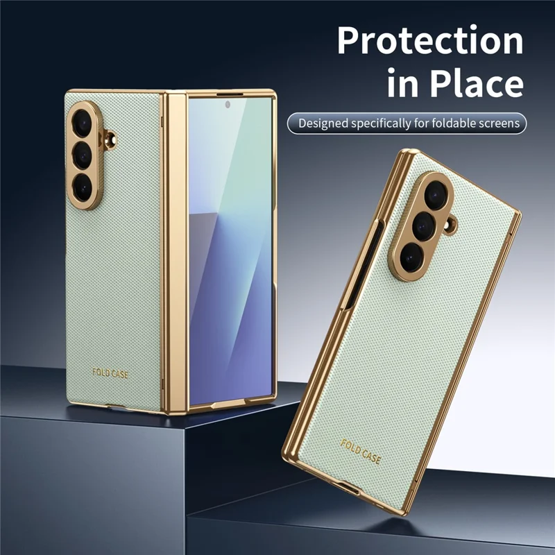 For Samsung Galaxy Z Fold7 5G Case PU Leather Coated PC Phone Cover with Tempered Glass Screen Protector - Cyan