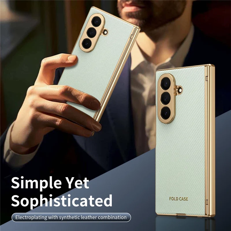 For Samsung Galaxy Z Fold7 5G Case PU Leather Coated PC Phone Cover with Tempered Glass Screen Protector - Cyan