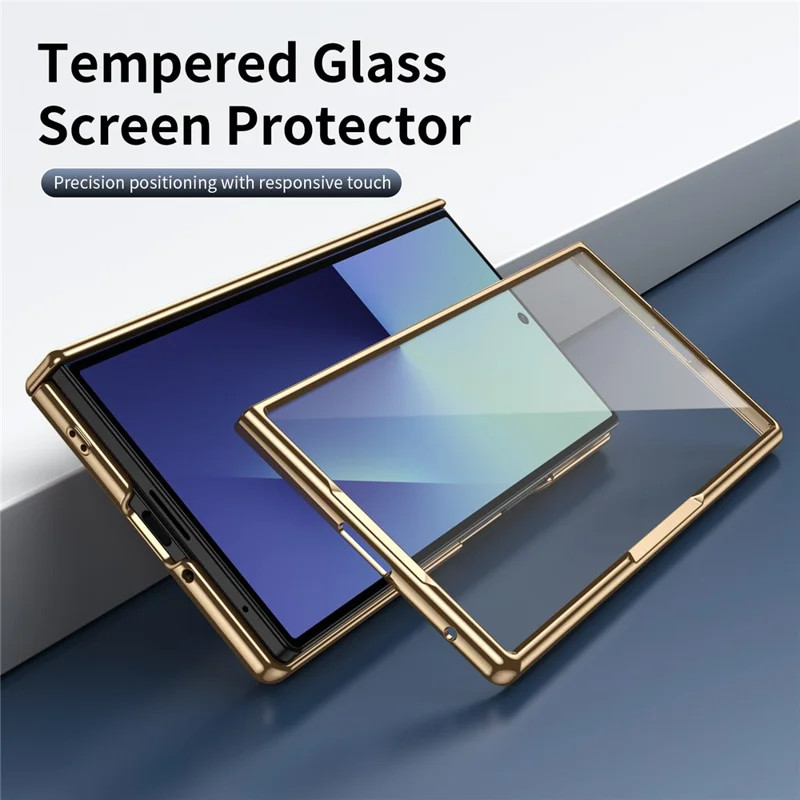 For Samsung Galaxy Z Fold7 5G Case PU Leather Coated PC Phone Cover with Tempered Glass Screen Protector - Cyan