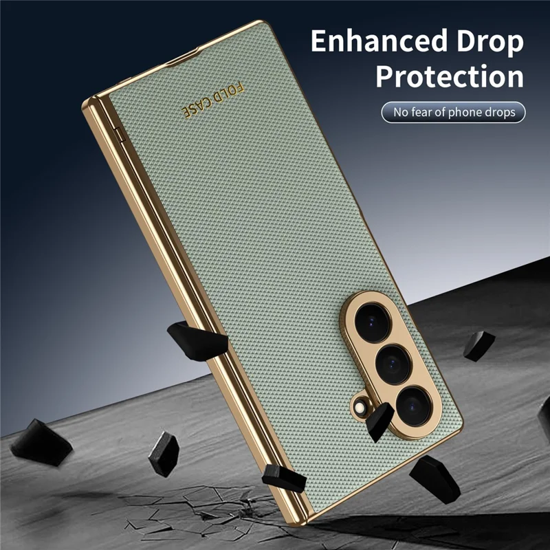 For Samsung Galaxy Z Fold7 5G Case PU Leather Coated PC Phone Cover with Tempered Glass Screen Protector - Cyan