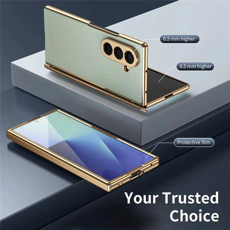 For Samsung Galaxy Z Fold7 5G Case PU Leather Coated PC Phone Cover with Tempered Glass Screen Protector - Cyan