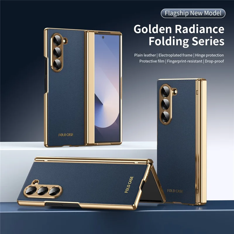 For Samsung Galaxy Z Fold6 5G Case PU Leather Coated PC Phone Cover with Tempered Glass Screen Protector - Blue