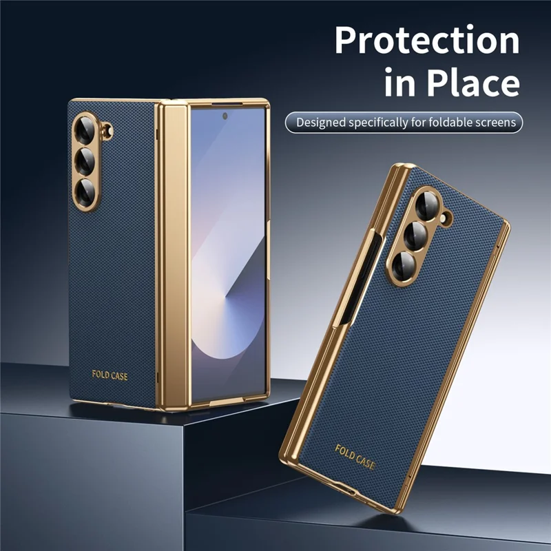 For Samsung Galaxy Z Fold6 5G Case PU Leather Coated PC Phone Cover with Tempered Glass Screen Protector - Blue