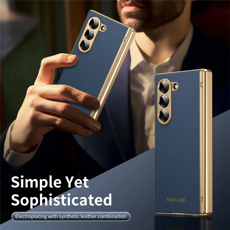 For Samsung Galaxy Z Fold6 5G Case PU Leather Coated PC Phone Cover with Tempered Glass Screen Protector - Blue