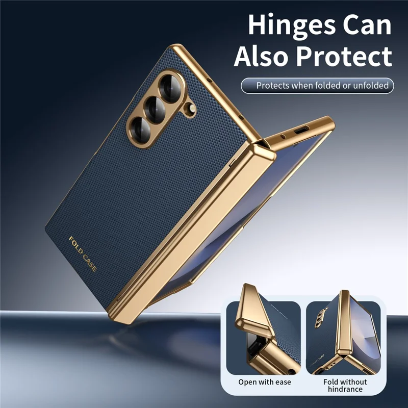 For Samsung Galaxy Z Fold6 5G Case PU Leather Coated PC Phone Cover with Tempered Glass Screen Protector - Blue