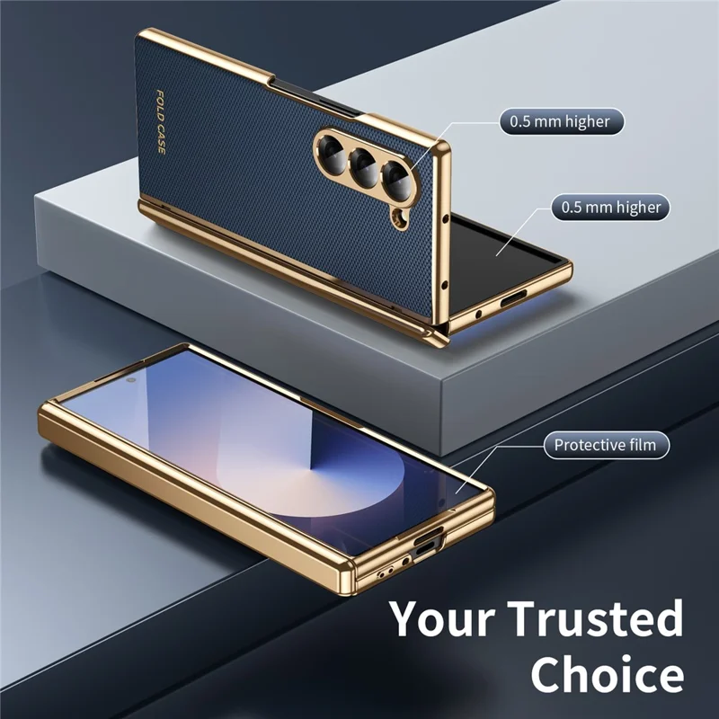 For Samsung Galaxy Z Fold6 5G Case PU Leather Coated PC Phone Cover with Tempered Glass Screen Protector - Blue