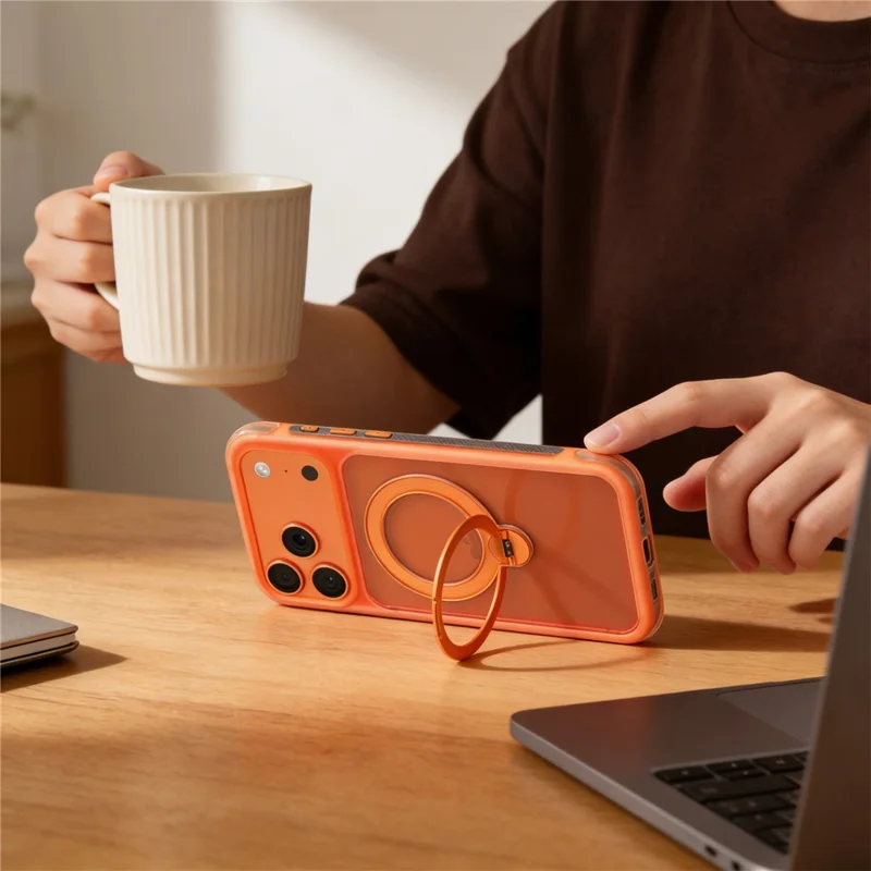 MUTURAL for iPhone 17 Pro Max Magnetic Case Rotating Kickstand PC + TPU Airbag Drop Protection Phone Cover - Orange