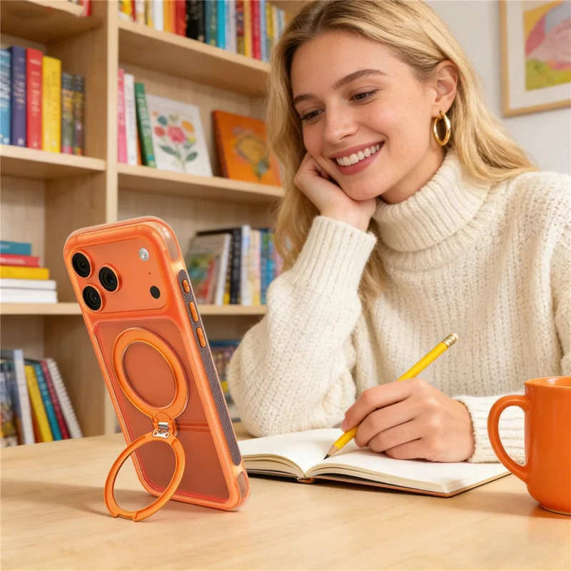 MUTURAL for iPhone 17 Pro Max Magnetic Case Rotating Kickstand PC + TPU Airbag Drop Protection Phone Cover - Orange