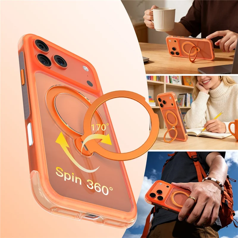 MUTURAL for iPhone 17 Pro Max Magnetic Case Rotating Kickstand PC + TPU Airbag Drop Protection Phone Cover - Orange