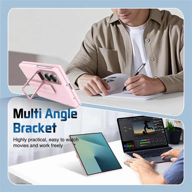 Für Samsung Galaxy Z Fold 8 Breite Tasche Objektiv-Ständer Scharnier-Schutz PC-Handyhülle mit Displayschutzfolie - Rosa