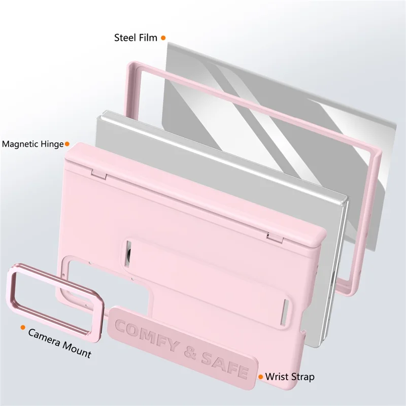 Für Samsung Galaxy Z Fold 8 Breite Tasche Objektiv-Ständer Scharnier-Schutz PC-Handyhülle mit Displayschutzfolie - Rosa