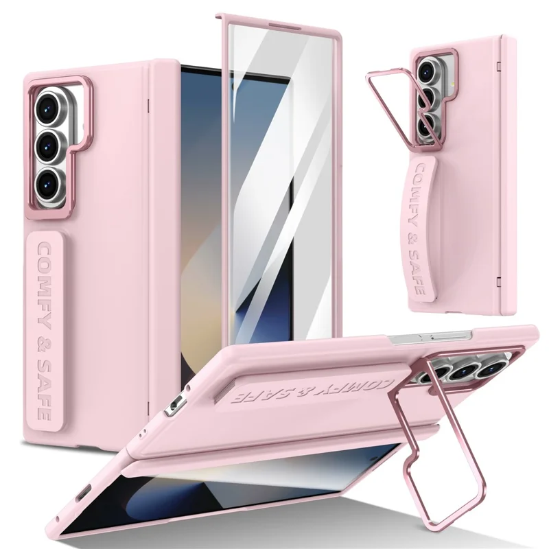 For Samsung Galaxy Z Fold8 Case Lens Kickstand Hinge Protection PC Phone Cover with Screen Film - Pink