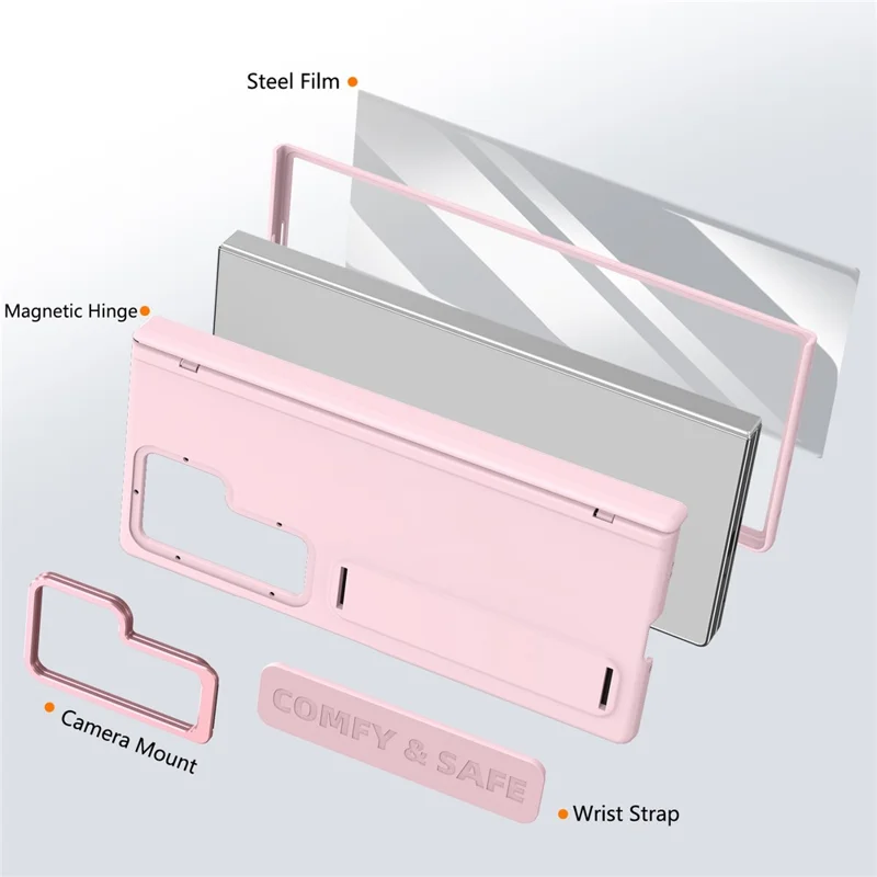 For Samsung Galaxy Z Fold8 Case Lens Kickstand Hinge Protection PC Phone Cover with Screen Film - Pink