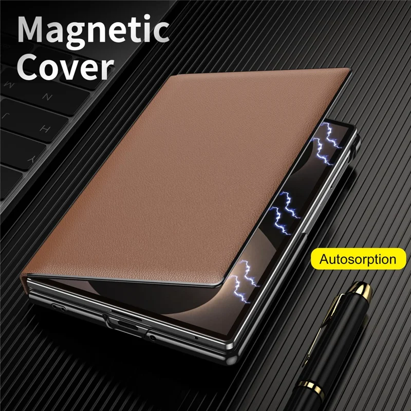 Cover magnetica pieghevole per Samsung Galaxy Z Fold 8, custodia per telefono in ecopelle+PC con supporto, colore marrone