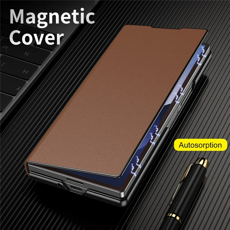 For Samsung Galaxy Z Fold6 5G Magnetic Flip Cover PU Leather+PC Phone Case with Kickstand - Brown
