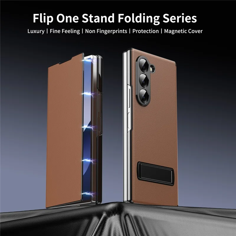 For Samsung Galaxy Z Fold6 5G Magnetic Flip Cover PU Leather+PC Phone Case with Kickstand - Brown