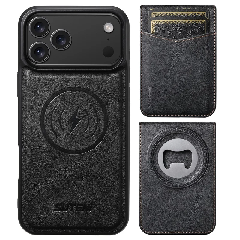 SUTENI for iPhone 17 Pro Max Magnetic Case Detachable Card Holder Bottle Opener RFID Blocking Phone Cover - Black