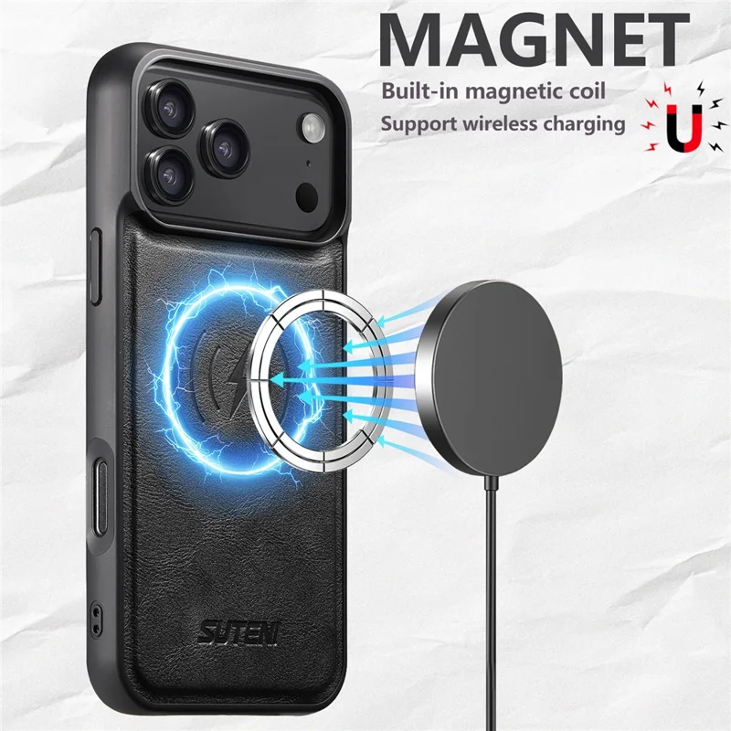 SUTENI for iPhone 17 Pro Max Magnetic Case Detachable Card Holder Bottle Opener RFID Blocking Phone Cover - Black