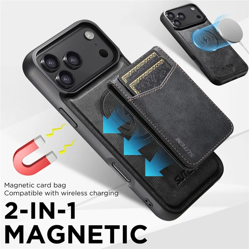 SUTENI for iPhone 17 Pro Max Magnetic Case Detachable Card Holder Bottle Opener RFID Blocking Phone Cover - Black