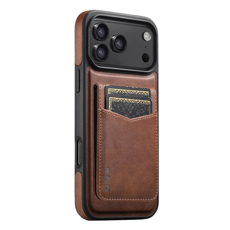 SUTENI G1S5 for iPhone 17 Pro Max Magnetic Case RFID Blocking Leather Back Cover with Detachable Card Holder Bottle Opener - Brown