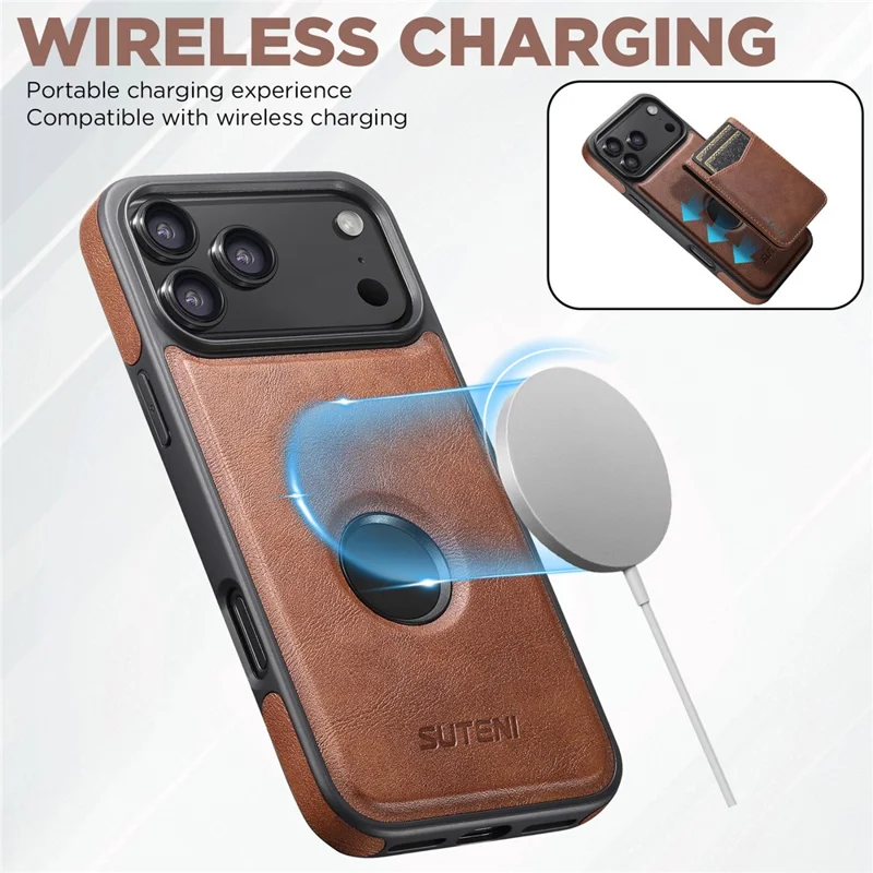 SUTENI G1S5 for iPhone 17 Pro Max Magnetic Case RFID Blocking Leather Back Cover with Detachable Card Holder Bottle Opener - Brown