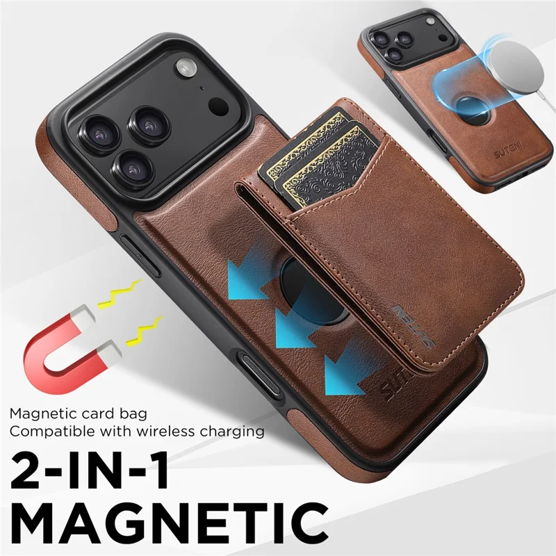 SUTENI G1S5 for iPhone 17 Pro Max Magnetic Case RFID Blocking Leather Back Cover with Detachable Card Holder Bottle Opener - Brown