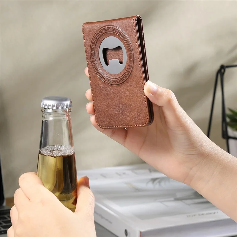 SUTENI G1S5 for iPhone 17 Pro Max Magnetic Case RFID Blocking Leather Back Cover with Detachable Card Holder Bottle Opener - Brown